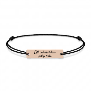 Bratara argint tablita 30 mm si snur negru - personalizata cu text - placat cu aur roz